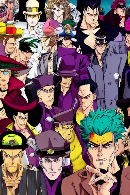 Image similar to jojo's bizarre adventure, jotaro kujo, kakyoin noriyaki, muhammad avdol, jean pierre polnareff, joseph joestar, manga