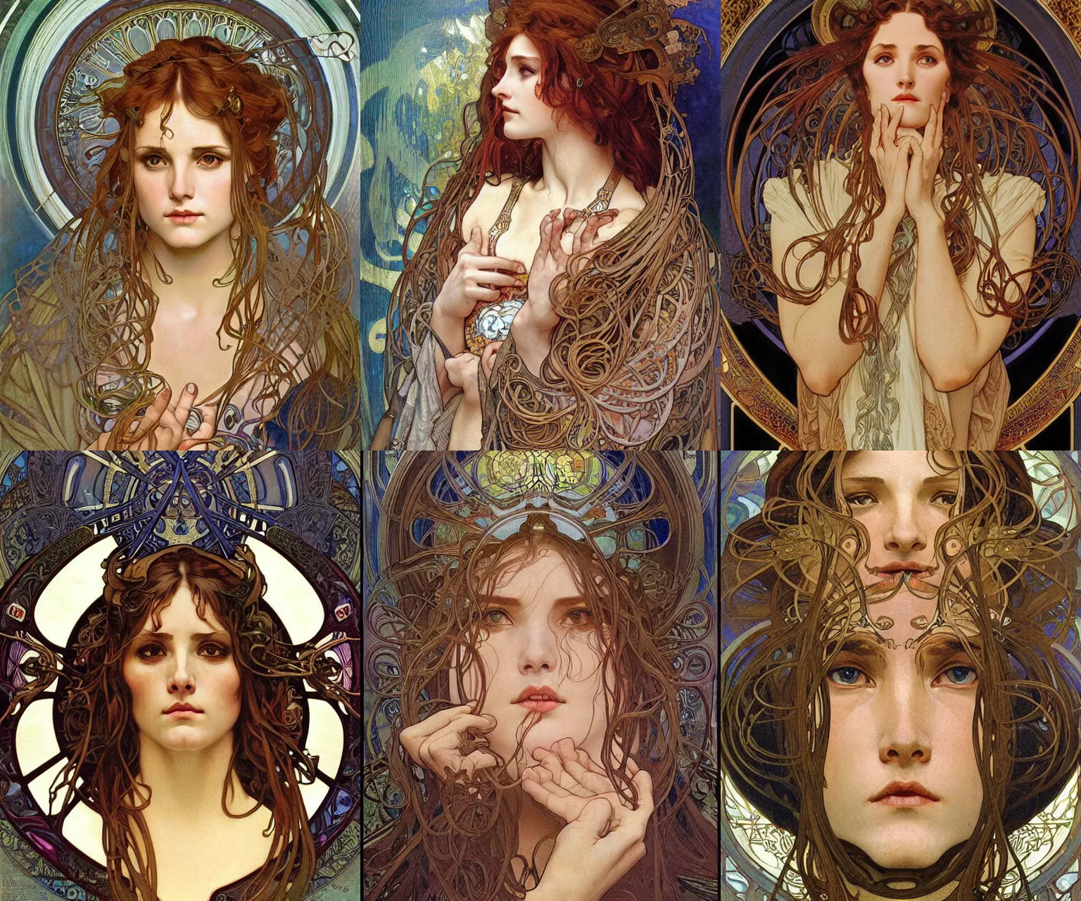 Prompt: realistic detailed face portrait of the Oracle of Delphi by Alphonse Mucha, Amano, Karol Bak, Greg Hildebrandt, Jean Delville, and Mark Brooks, Art Nouveau, Neo-Gothic, gothic, rich deep moody colors