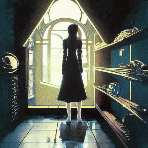 Prompt: a lonely young girl with straight long black hair wearing black dress that sitting on bathroom floor, art by artgem, greg rutkowski and alphonse mucha for capcom co, resident evil