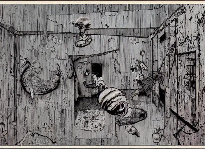 Image similar to a scene from an art housr feature film by alejandro jodorowsky, roger ballen and nobuyoshi araki : : exterior view, retro sci - fi, occult ritual : : a storyboard drawing in the style of enki bilal, moebius and mike mignola, graphic art, 4 k