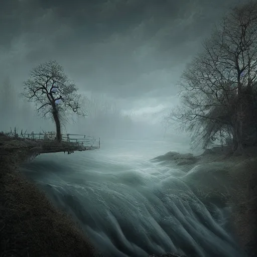 Image similar to michal karcz grunge painting of a beautiful landscape. , creepy theme, detailed, elegant, intricate, 4k,