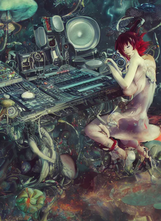 Image similar to surreal gouache painting, by yoshitaka amano, by ruan jia, by Conrad roset, by good smile company, detailed anime 3d render of a wild mushroom Surrounded by a magical dragonfly and a big DJ Mixer, deck, portrait, cgsociety, artstation, rococo mechanical and Digital and electronic, dieselpunk atmosphere