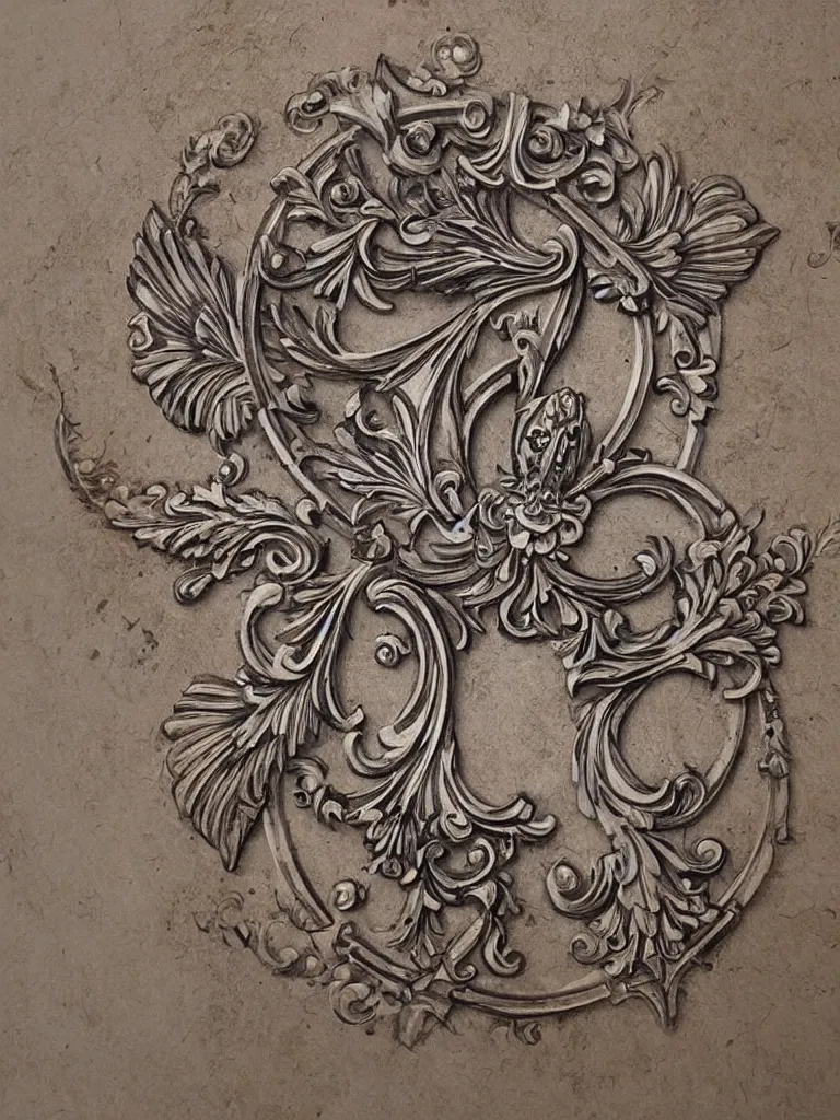 Prompt: beautiful decorative ornamental escutcheon emblem engraving with classical elements emanating from center of design, decorative design, classical ornament, motif, bilateral symmetry, spread wings, feathers, flowering buds, acanthus scrollwork, negative space, highly detailed etching