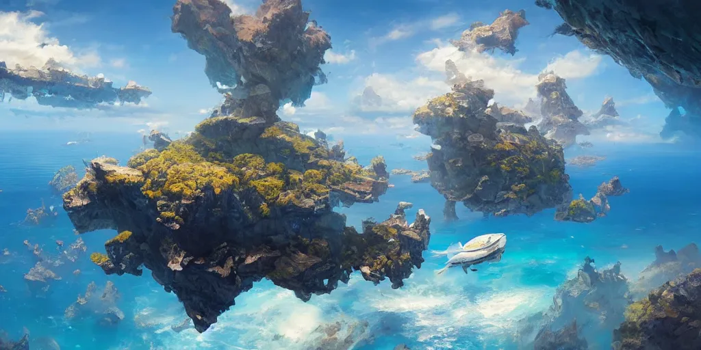 Image similar to Floating fantasy island over a blue ocean, Darek Zabrocki, Karlkka, Jayison Devadas, Phuoc Quan, trending on Artstation, 8K, ultra wide angle, pincushion lens effect