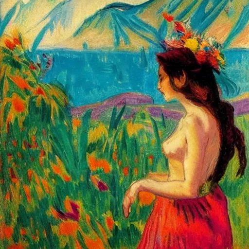 Prompt: A colorful and poetic painting of a girl looking at a landscape of flowers and water, by Ernst Ludwig Kirchner and Gaston Bussière featured on ArtStation, trending on ArtStation, cgsociety, trending on 500px, deviantart