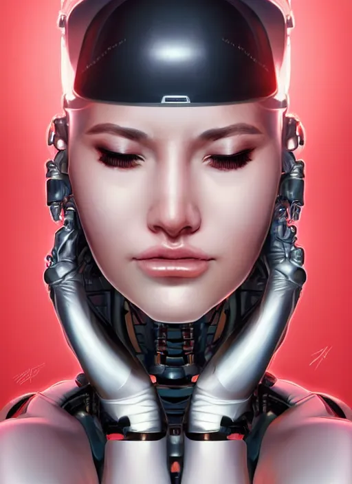 Image similar to portrait of a cyborg woman who turns her head to the ((((((right))))) left+450 (((((up))))) (((((down))))) by Artgerm,eyes closed , biomechanical, hyper detailled, trending on artstation