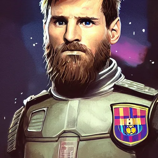 Image similar to portrait of lionel messi by greg rutkowski, space marine commander, messy blond hair, beard, tall and muscular, star wars expanded universe, he is about 3 0 years old, wearing a flying jacket, distrustful and arrogant, highly detailed portrait, digital painting, artstation, concept art, smooth, sharp foccus ilustration, artstation hq