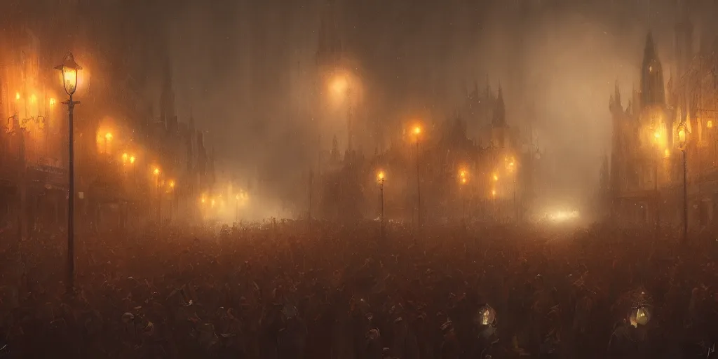 Image similar to a heavy swirling fogduring a parade, soft lighting, night, stephen bliss, misty, unreal engine, digital art, 8 k, oil painting, fantasy art, illustration, detailed and intricate environment