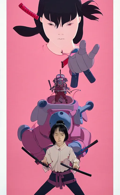 Image similar to Artwork by James Jean, Phil noto and hiyao Miyazaki; a young Japanese future samurai police girl named Yoshimi battles an enormous looming evil natured carnivorous pink robot on the streets of Tokyo; Japanese shops and neon signage; crowds of people running; Art work by studio ghibli, Phil noto and James Jean