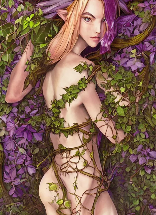 Image similar to beautiful full body portrait of the legend of Zelda ocarina of time great fairy, her body wrapped with ivy vines leaves and flowers, dark fantasy esoteric, D&D, fantasy, cinematic lighting, intricate, elegant, highly detailed, digital painting, artstation, concept art, matte, sharp focus, illustration, art by Artgerm and Tom Bagshaw and Greg Rutkowski and Alphonse Mucha