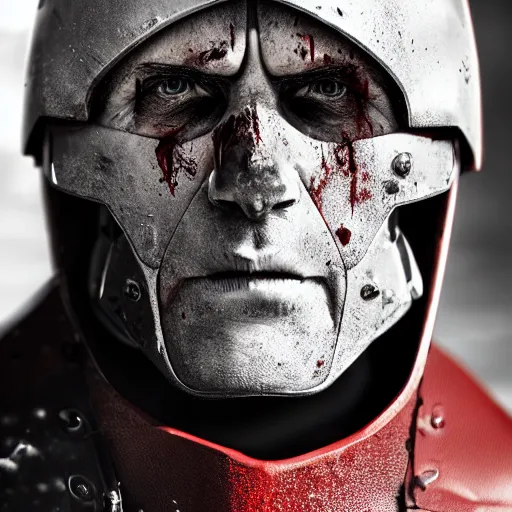 Image similar to headshot of a 5 0 year old soldier vertical grooves on the ridge of his nose, angular eyebrows, blood - spattered glossy sleek white dinged scuffed armor and a long torn red cape, heroic posture, battle - weary, strained expression, determined expression, no helmet, on the surface of mars, dramatic lighting, cinematic, sci - fi, hyperrealistic, detailed