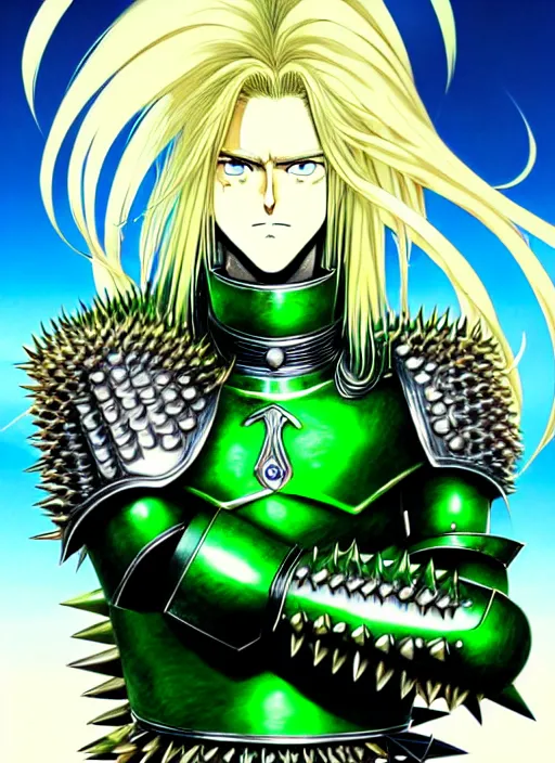 Image similar to a detailed manga full body portrait illustration of a man with long blonde hair and blue eyes wearing evil green spiked armour in a desolate place by hirohiko araki, detailed artwork, realism, 4 k resolution, detailed, high quality, sharp focus, hq artwork, insane detail, volumetric lighting, character concept art, fine details, clear subject, central subject