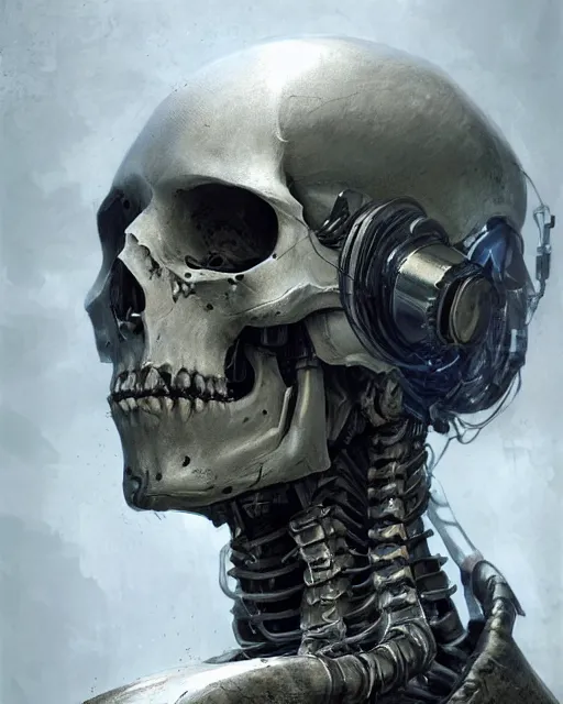 Image similar to skeleton with cybernetic enhancements with some flesh as seen from a distance, scifi character portrait by greg rutkowski, esuthio, craig mullins, 1 / 4 headshot, cinematic lighting, dystopian scifi gear, gloomy, profile picture, mechanical, half robot, implants, solarpunk