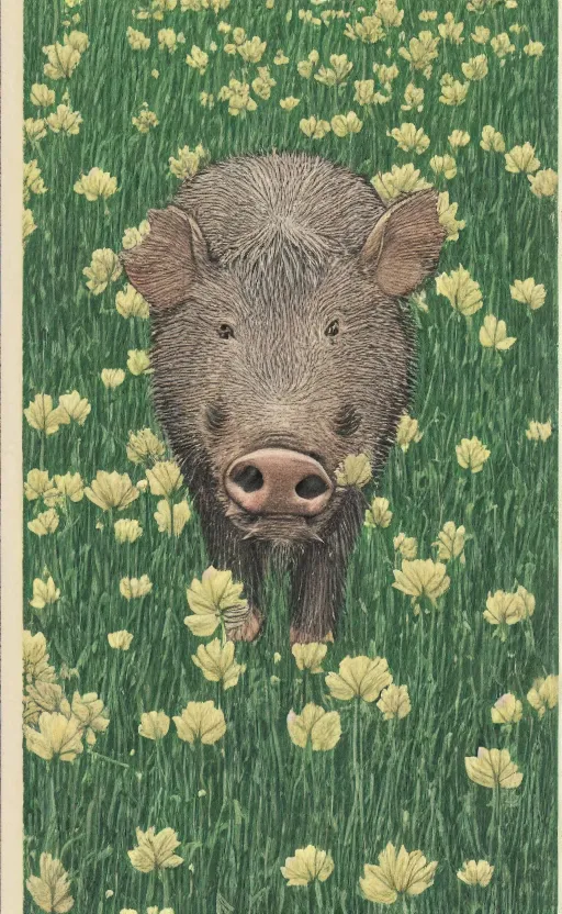 Prompt: by akio watanabe, manga art, a boar walking in a field of clovers, trading card front