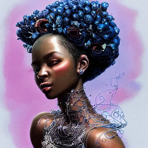 Image similar to the portrait of a blueberry that resembles an absurdly beautiful, graceful, elegant, sophisticated young black woman, an ultrafine hyperdetailed illustration by kim jung gi, irakli nadar, intricate linework, bright colors, octopath traveler, final fantasy, unreal engine 5 highly rendered, global illumination, radiant light, detailed and intricate environment