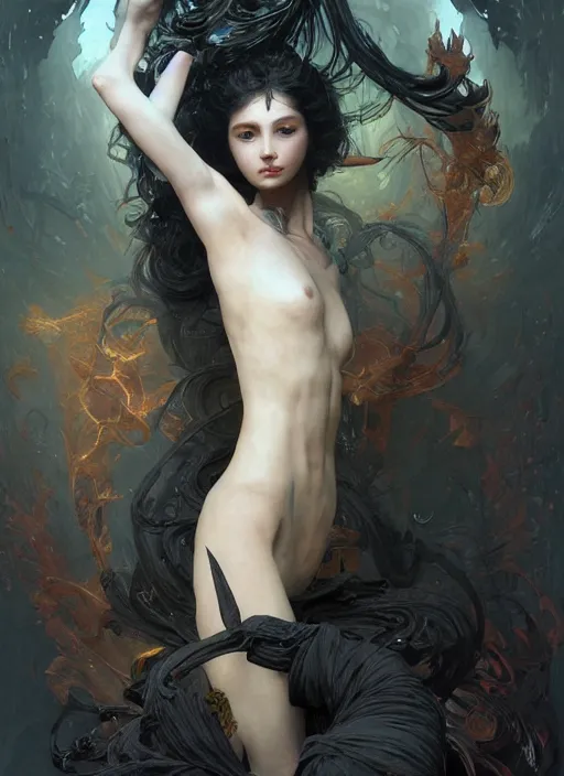 Prompt: beautiful hyper detailed woman covered by black oil, intricate lights, venomize, phoenix, bio luminescent, plasma, by ruan jia and artgerm and range murata and wlop and ross tran and william - adolphe bouguereau and beeple. key art. fantasy illustration. award winning, artstation, intricate details, realistic, 8 k.