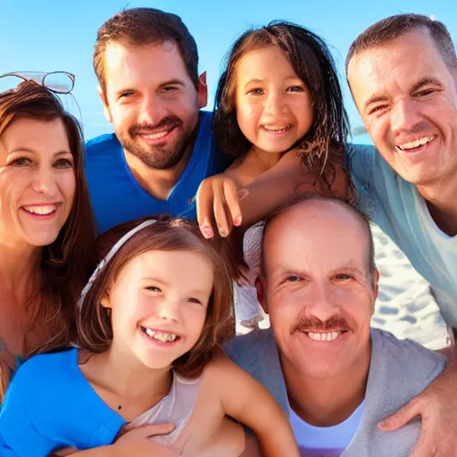 Image similar to happy family poses portrait on beach, realistic faces, realistic shaded perfect face, extremely fine details, realistic shaded lighting, 8 k ultra realistic
