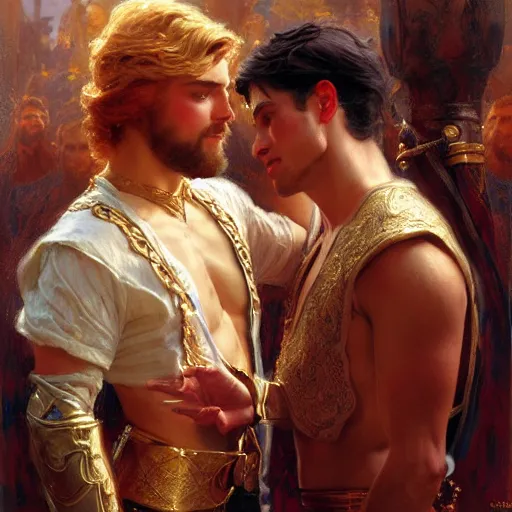 Image similar to attractive fully clothed king confesses his love for his attractive fully clothed male prince. highly detailed painting by gaston bussiere, craig mullins, j. c. leyendecker 8 k