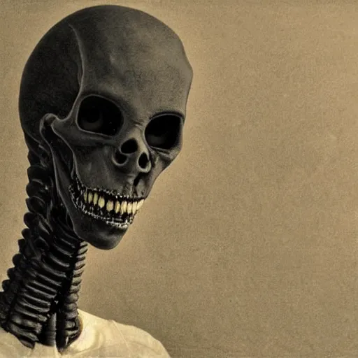 Image similar to humanoid with crooked teeth, two black eyes, long open black mouth, alien looking, big forehead, horrifying, killer, creepy, dead, slightly realistic, long neck, boney, monster, tall, skinny, skullish, deathly, in the style of alfred kubin