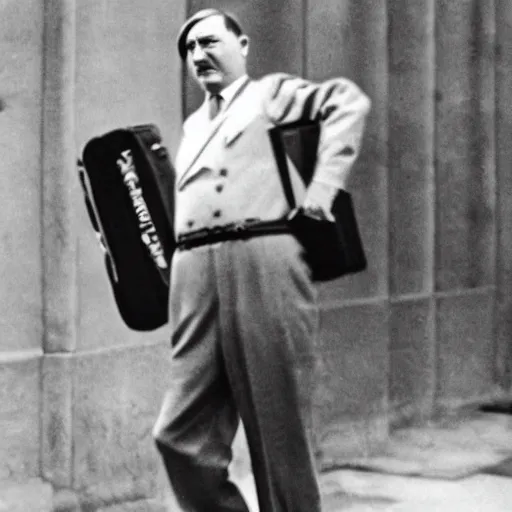 Prompt: hitler holding a suitcase and dancing, realistic, hd