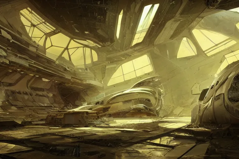 Prompt: a damaged broken space ship with nasa designs in the interior of an old abandoned sci - fi hangar an old oak tree grows inside the courtyard golden rays of sunlight enter through the window gold neon lights digital art trending artstation