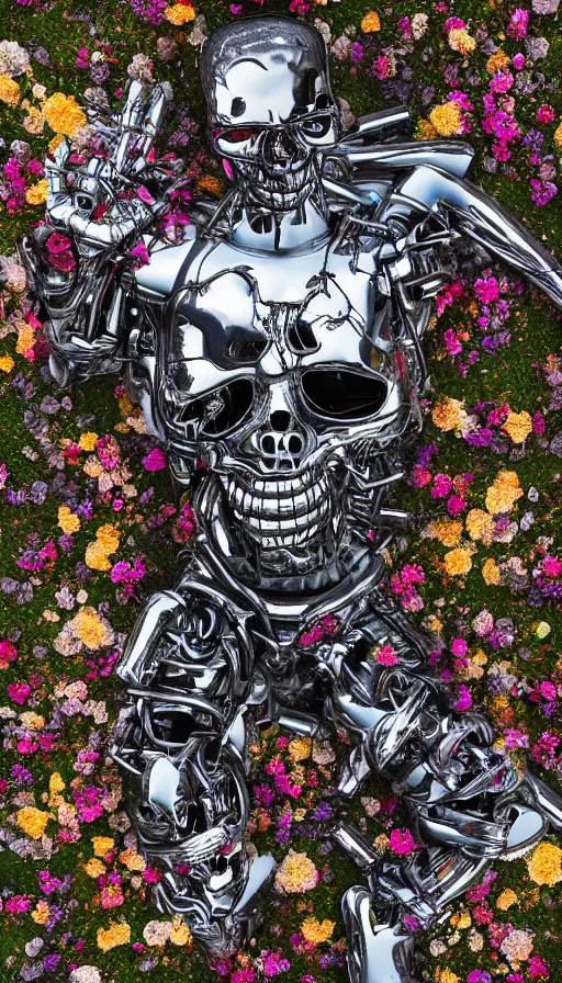 Image similar to destroyed terminator lying in a field of flowers, twisted metal, chrome, reflections, anthropomorphic, photorealism, smoke, metal, 8 k, surreal, wires, smooth, sharp focus, top view, extremely detailed, hyperrealism, elegant, establishing shot, by jeff koons, artgerm and greg rutkowski