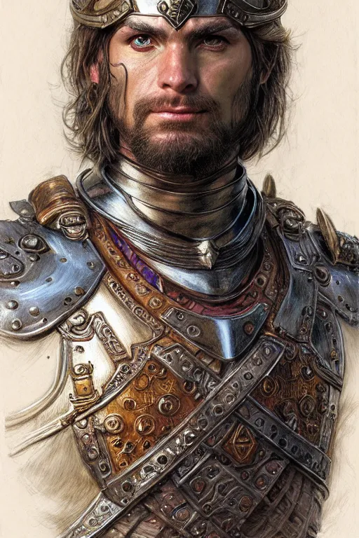 Image similar to head and shoulders portrait of a warrior, male, breastplate, magical, high fantasy, d & d, by donato giancola, face details, extremely detailed, digital illustration