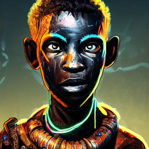 Image similar to a dark and ominous cyborg african child soldier with glowing eyes and tribal facial scarification, neon graffiti, Apex Legends character digital illustration portrait design, by android jones and greg rutkowski in a cyberpunk voodoo style, retrowave color scheme, detailed, cinematic lighting, wide angle action dynamic portrait