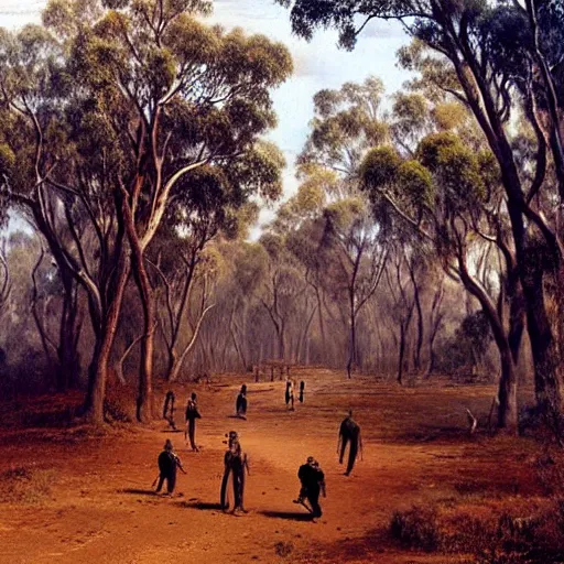 Image similar to Australian aborigines walking through the outback, a beautiful painting by ivan shishkin, matte painting