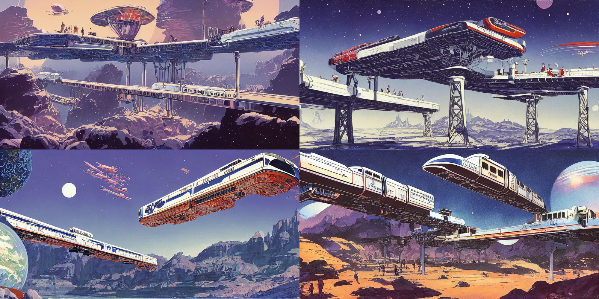 Prompt: a beautiful illustration of a retro futurism elevated railway on another world by Robert McCall| sparth:.7 | Time white:.3 | Rodney Mathews:.3 | Graphic Novel, Visual Novel, Colored Pencil, Comic Book:.2