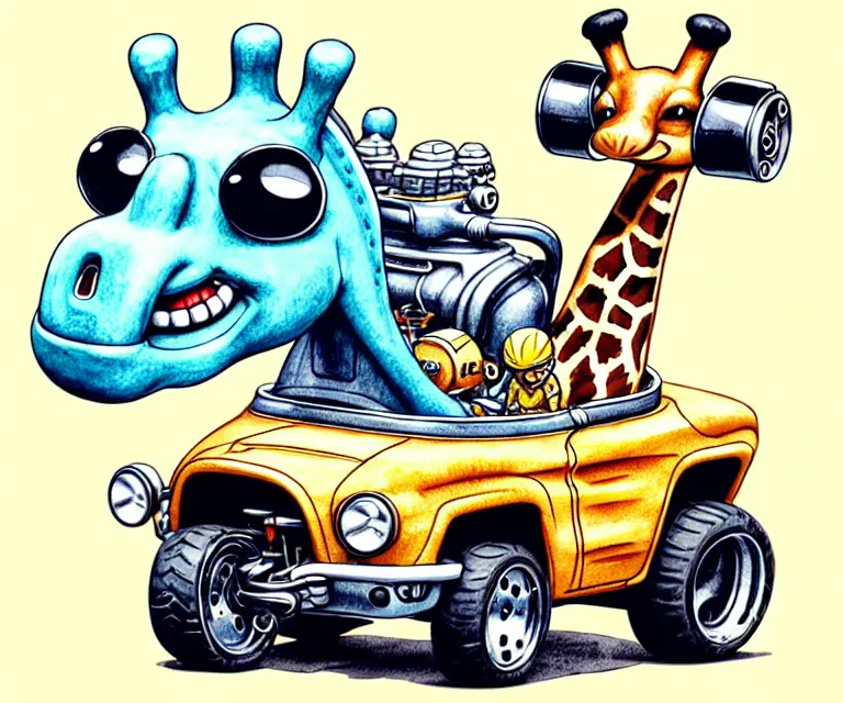 Image similar to cute and funny, giraffe wearing a helmet riding in a tiny hot rod with oversized engine, ratfink style by ed roth, centered award winning watercolor pen illustration, isometric illustration by chihiro iwasaki, edited by range murata, tiny details by artgerm and watercolor girl, symmetrically isometrically centered