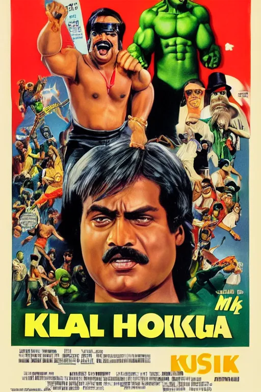 Image similar to vintage movie poster 1 mil $ kulk, hulk hogan, bollywood, india, gishnu, 1 9 8 2, drew struzan inspiration