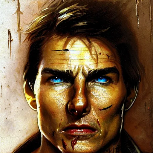 Image similar to tom cruise, legendary warrior, heroic fighter, world of warcraft, diablo, tattoos, decorative ornaments, battle armor, by carl spitzweg, ismail inceoglu, vdragan bibin, hans thoma, greg rutkowski, alexandros pyromallis, perfect face, sharply focused, sharply detailed, centered, rule of thirds, realistic shading