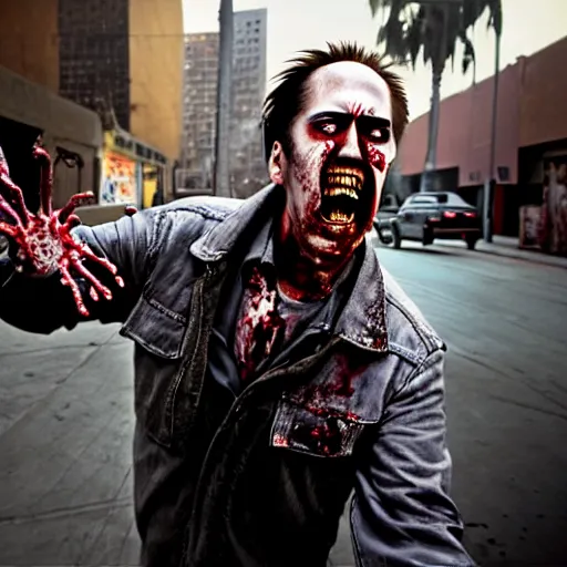 Image similar to uhd candid photo of zombie nicholas cage ranting maniacally on skid row. correct face, intricate details, hyperdetailed, accurate face. photo by annie leibowitz