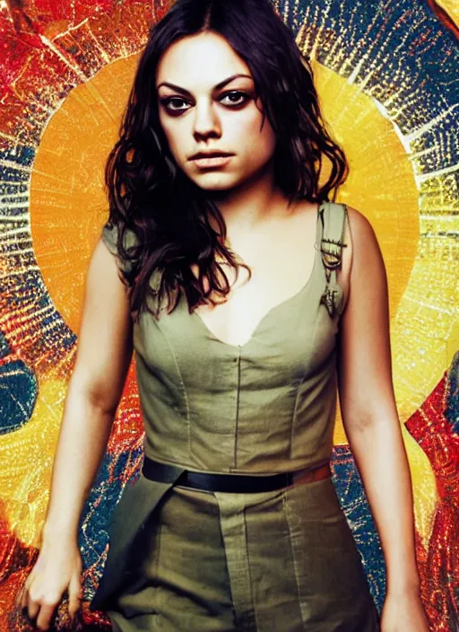 Prompt: beautiful young Mila Kunis wearing a vintage Raypunk outfit, accurate anatomy, abstract sun in background, shiny soft skin, soft lighting, sharp details, warm colors, full body portrait, 35 mm film, subsurface scattering, lens flare