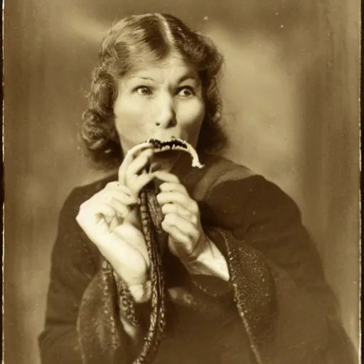 Image similar to a woman with a snake in her mouth