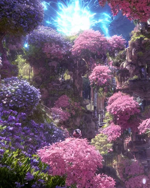 Image similar to portal to paradise, 8 k high definition, very unique, advanced technology, beams of energy, pathway, flowers, machines, insanely detailed, intricate, art by akihiko yoshida, antilous chao, woo kim