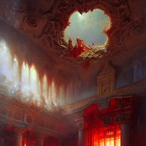 Image similar to a chapel's ceiling is broken in half as a red magical portal from hell opens up there. highly detailed painting by gaston bussiere, greg rutkowski 8 k