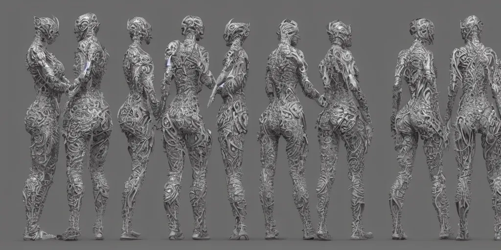 Image similar to group of realistic photography of a female cyborg humanoid, back arched, holding, hugging, grasping, highly detailed intricate filigree, in the style of beth cavener, jin kagetsu, wlop,, symmetry, masterpiece, concept art, ringflash, highkey lighting, ambient lighting, hard key light, octane render, 8 k, artstation