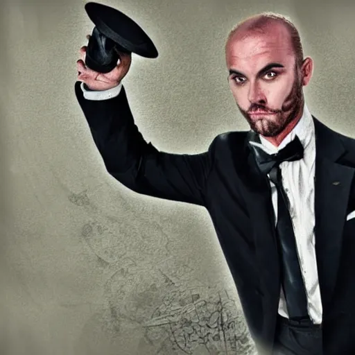 Image similar to urban fantasy butler that looks similar to michael kane, handsome, photorealistic, 4 k, oil painting filter, balding, well dressed, pet rat on shoulder