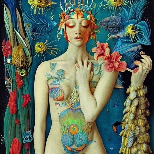 Prompt: a tattood alien girl with fish scales and feathers swimming with flowers by jan van eyck, ernst fuchs, nicholas kalmakoff, joep hommerson, character, full body, catsuit