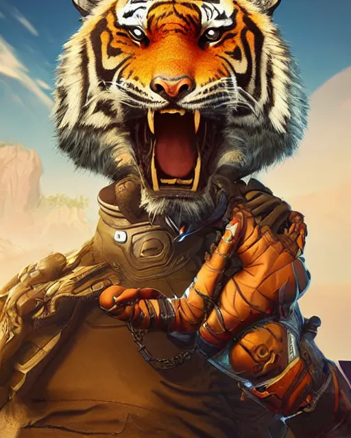 Image similar to The Tiger Queen as an Apex Legends character digital illustration portrait design by, Mark Brooks detailed, soft lighting