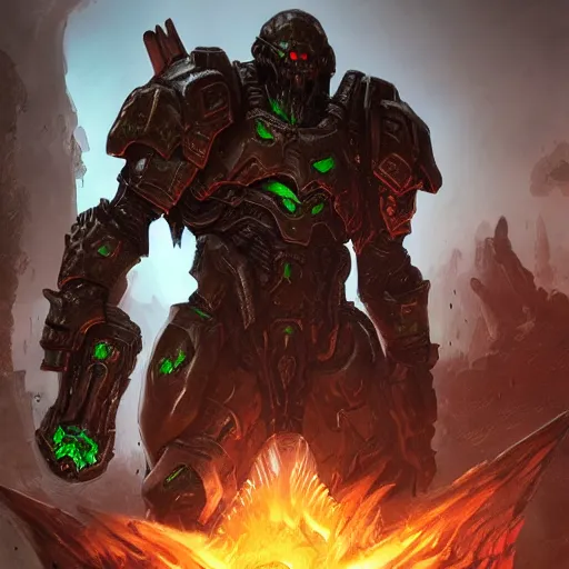 Prompt: fantasy art of doom slayer in fornite, intricate, smooth detailed, marine armor, cgsociety, doom hell theme