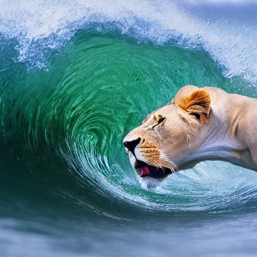 Image similar to a lion's face breaching through a wave