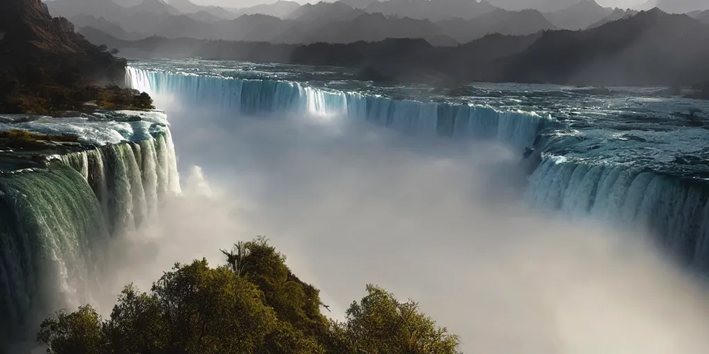 Image similar to cascade of multiple gigantic niagara falls in the himalaya, epic mountains, early dawn, fantasy illustration, matte painting, concept art, low angle shot, volumetric lighting, volumetric atmosphere, morning mist, art by james gurney, unreal engine 5, 8 k