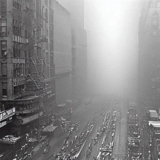 Prompt: 1930's NYC visita color photo taken by someone who doesn't know how to use a camera, dark dirty grungy streets, large crowds of peasants, street signs, street tram, industrial giant skyscrapers, sky concealed by multi-level overpass, misty, god rays, 14mm lens, blue sky, hd, no blur, bokeh, defocus, motion blur, warm lighting