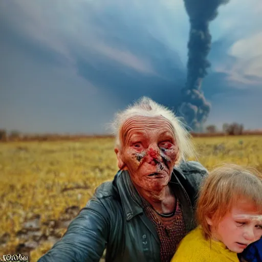 Prompt: selfie of the last surviving ukrainian with children, wild pain and damage to the body burns alive to the bone, painted in dirty yellow - blue colors, a huge nuclear explosion is approaching in the background, a very detailed photo