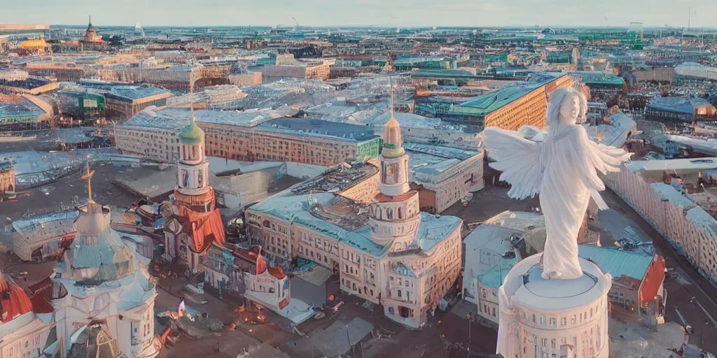 Image similar to beatiful angel floating top of helsinki finland, cinematic composition, shot on film, hyper realistic, 4k resolution