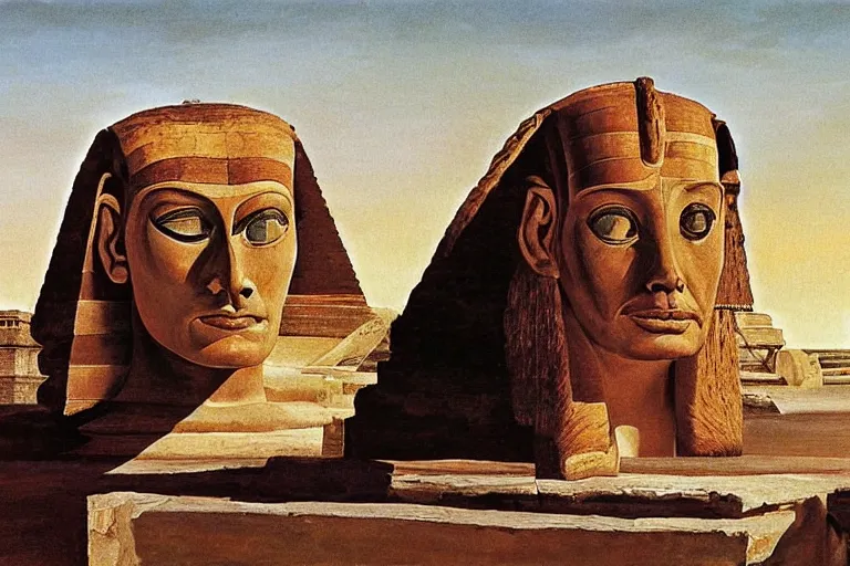 Image similar to john cleese as the sphinx, the sphinx with the head of john cleese, young john cleese's head on the sphinx, painting by salvador dali