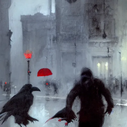 Image similar to ravens attacking man with red umbrella, by jeremy mann.